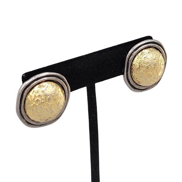 Liz Claiborne Two Tone Metal Button Earrings Domed Modernist Signed Vtg - Picture 4 of 6